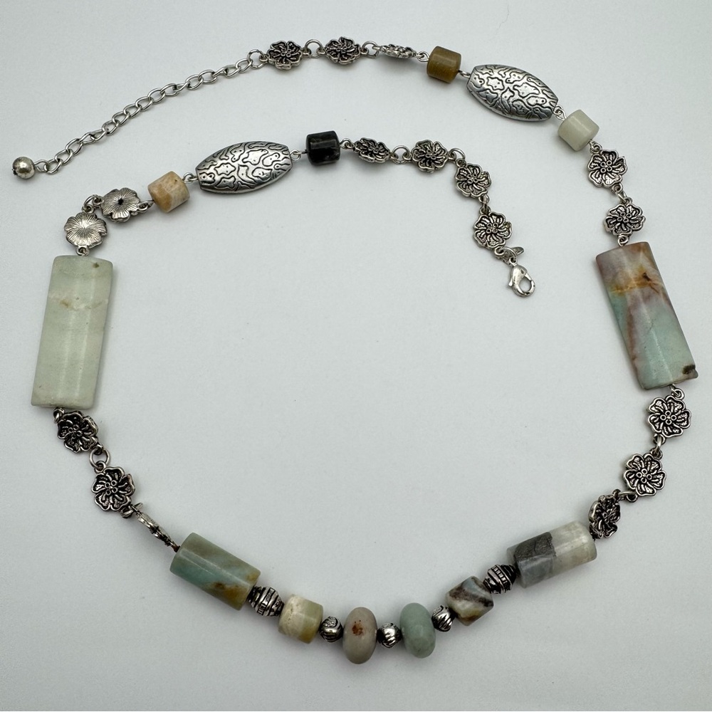Premier Designs Amazonite Stone Silver Tone Floral Link Necklace 24.5–27”